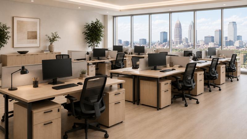 Open-plan office workstations assembled and arranged in rows