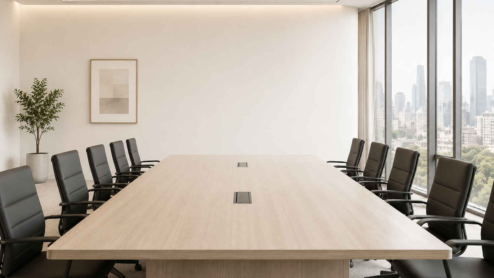 Commercial boardroom with assembled conference table and executive chairs in Ohio office