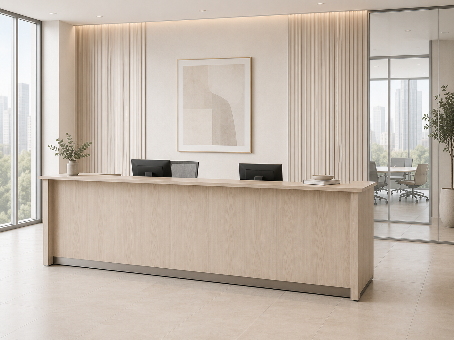 Reception desk assembled and installed in office lobby