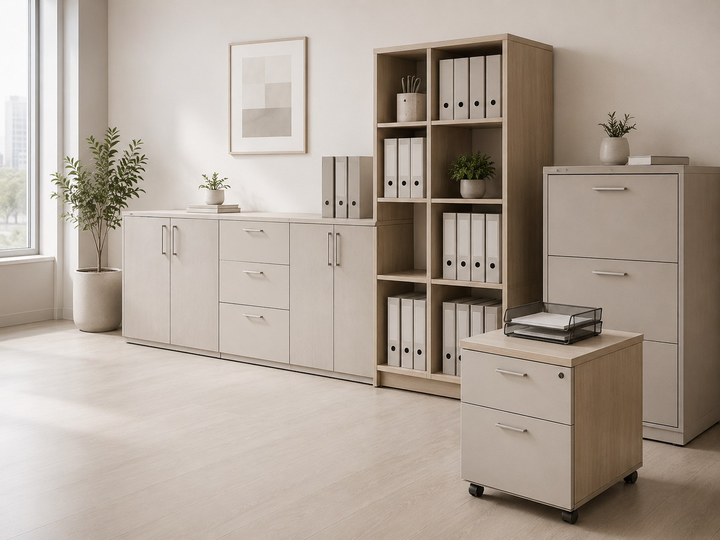 Commercial storage cabinets and filing systems assembled on site
