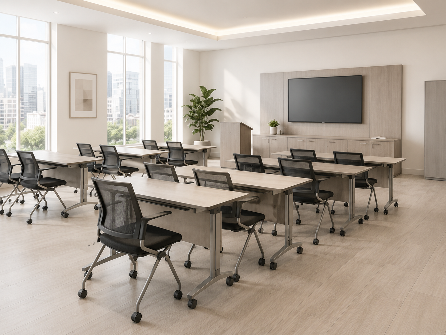 Training room furniture assembly with tables and chairs